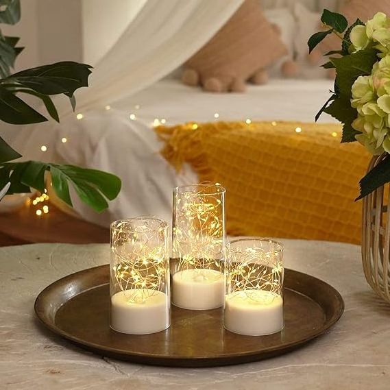 White Glass Set of 3 Fairy Light Candles with Remote Battery Operated Flameless Led Candles for Wedding, Party, Decoration