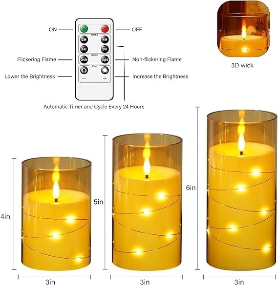 Home Decor Gold Acrylic set of 3 3d real flame remote control  led plastic flameless candle with embedded star string light