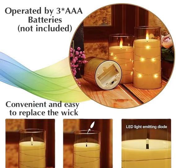 Home Decor Gold Acrylic set of 3 3d real flame remote control  led plastic flameless candle with embedded star string light