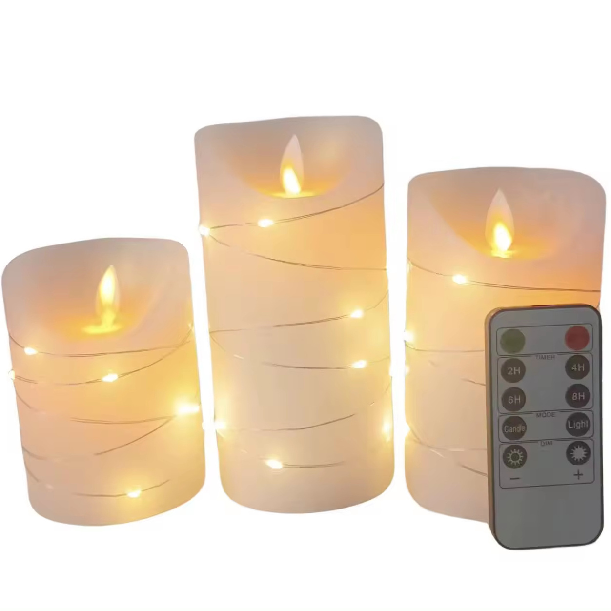 Pink set of 3 Battery Operated Moving Flame Flickering Warm Yellow LED Remote Control LED Candles with a small light string