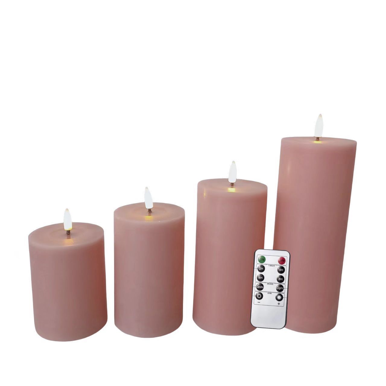 Set of 4 Flameless Flickering Pink Real Wax Column Remote Control Battery Operated LED Candles with Wax Oil Effect