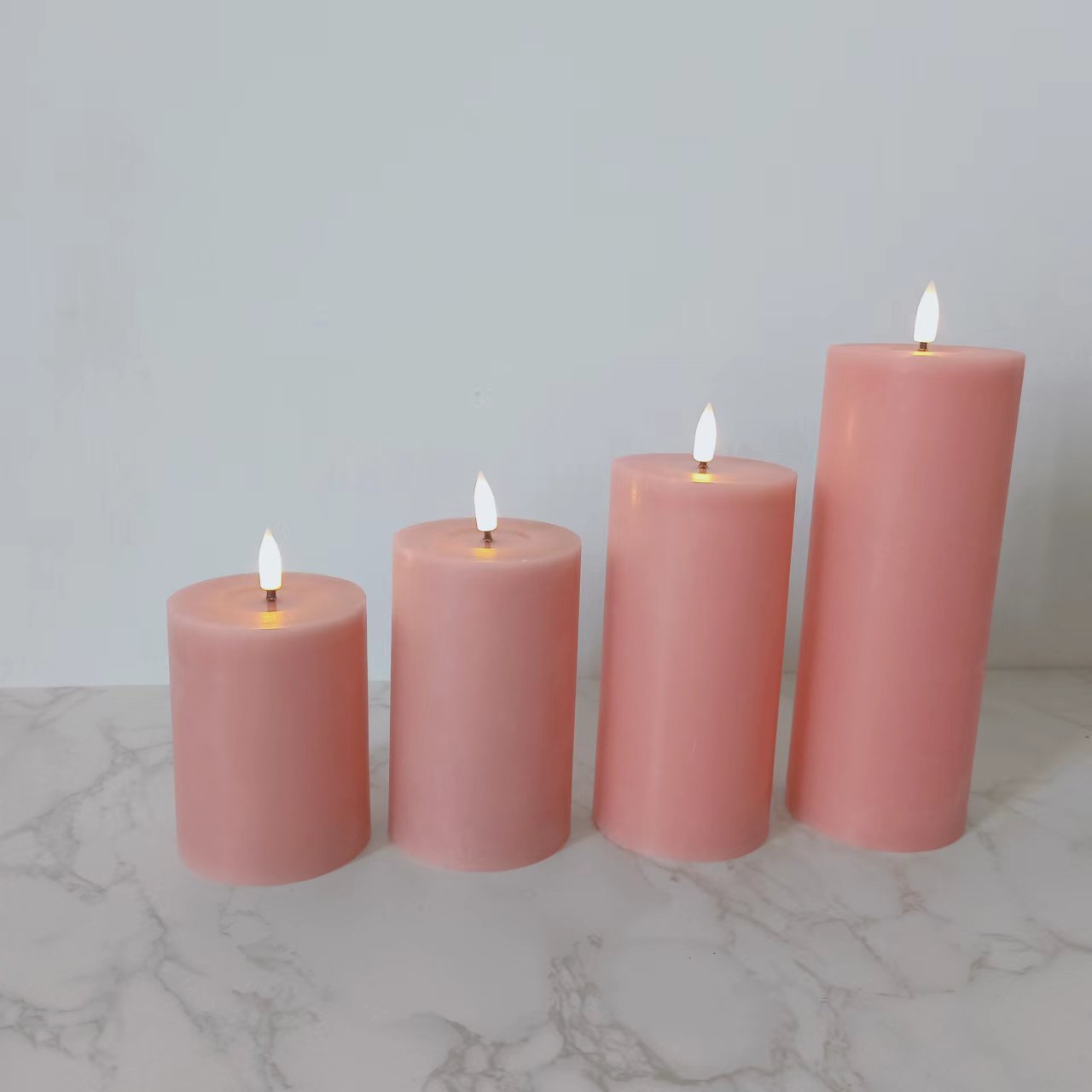 Set of 4 Flameless Flickering Pink Real Wax Column Remote Control Battery Operated LED Candles with Wax Oil Effect