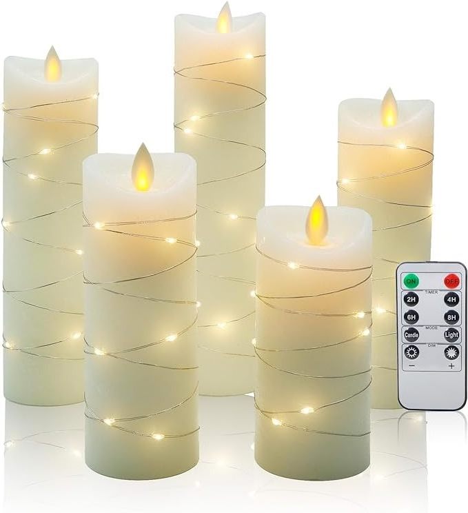 Hot selling White set of 5 Wedding Home Decoration Remote Control Moving Flame LED Candles with a small light string