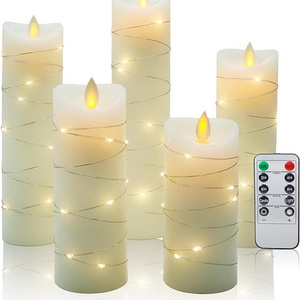 Hot selling White set of 5 Wedding Home Decoration Remote Control Moving Flame LED Candles with a small light string