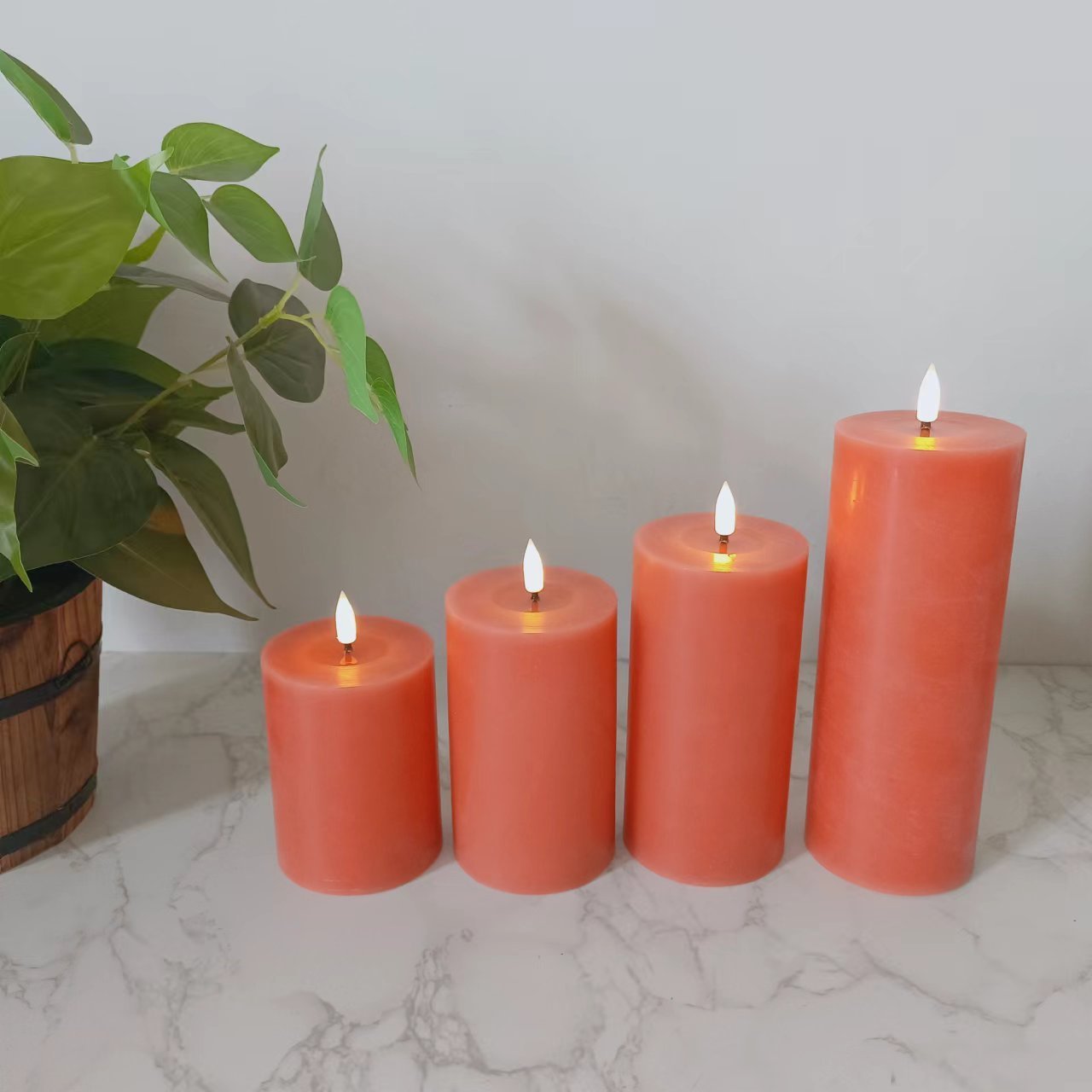 Wholesale Set of 4 Flickering Pumpkin Color Real Wax Column Battery Operated Remote Control LED Candles with Wax Oil Effect