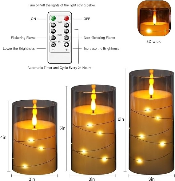 Home Decor Grey Acrylic set of 3 3d real flame remote control  led plastic flameless candle with embedded star string light