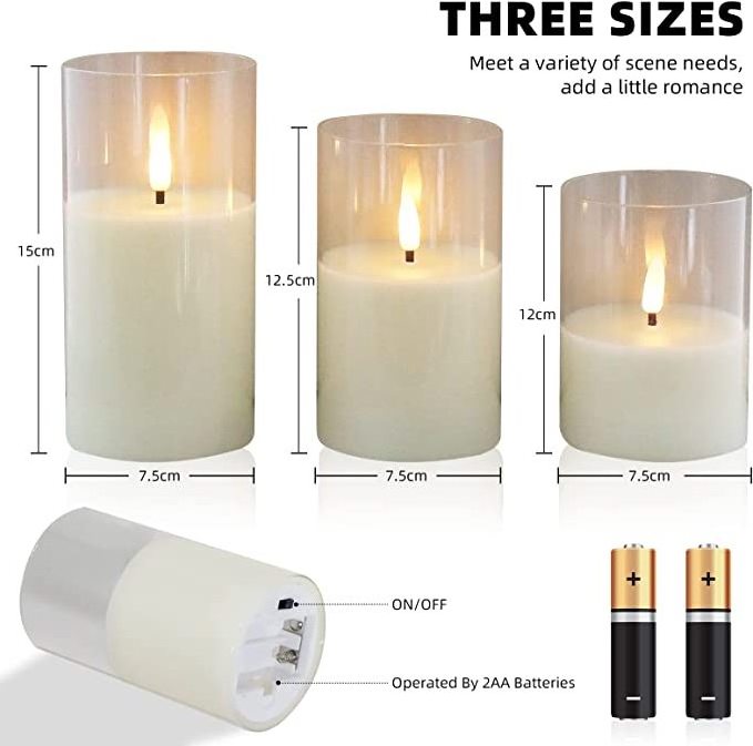 White set of 3 Wedding Home decoration Birthday 3d real flame 10 key remote control white glass flameless led candle