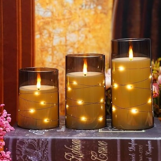 Home Decor Grey Acrylic set of 3 3d real flame remote control  led plastic flameless candle with embedded star string light