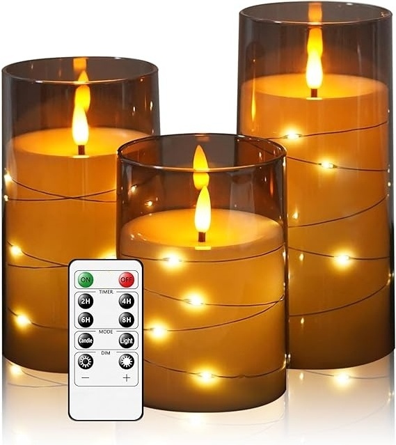 Home Decor Grey Acrylic set of 3 3d real flame remote control  led plastic flameless candle with embedded star string light