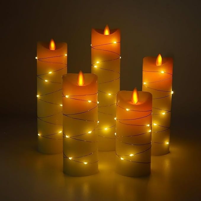 Hot selling White set of 5 Wedding Home Decoration Remote Control Moving Flame LED Candles with a small light string