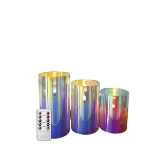 Wholesale Set of 3 Home Decor Party 3D Real Flame in Color Glass Pillar Flameless Remote Control Led Candle with Timer