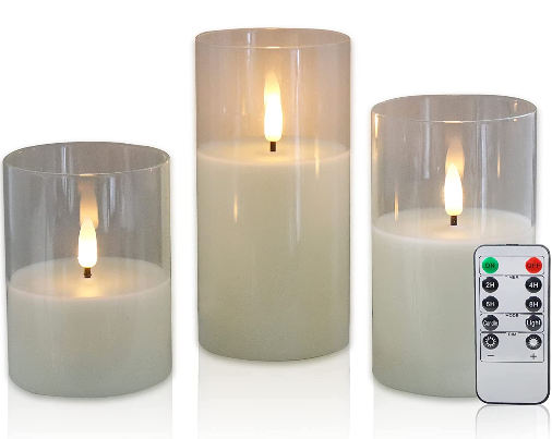 White set of 3 Wedding Home decoration Birthday 3d real flame 10 key remote control white glass flameless led candle