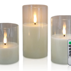 White set of 3 Wedding Home decoration Birthday 3d real flame 10 key remote control white glass flameless led candle