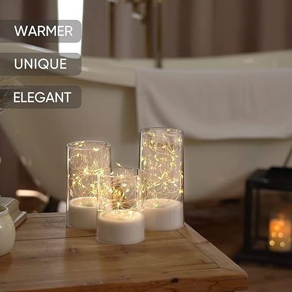 White Glass Set of 3 Fairy Light Candles with Remote Battery Operated Flameless Led Candles for Wedding, Party, Decoration