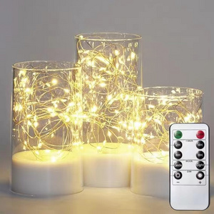 White Glass Set of 3 Fairy Light Candles with Remote Battery Operated Flameless Led Candles for Wedding, Party, Decoration