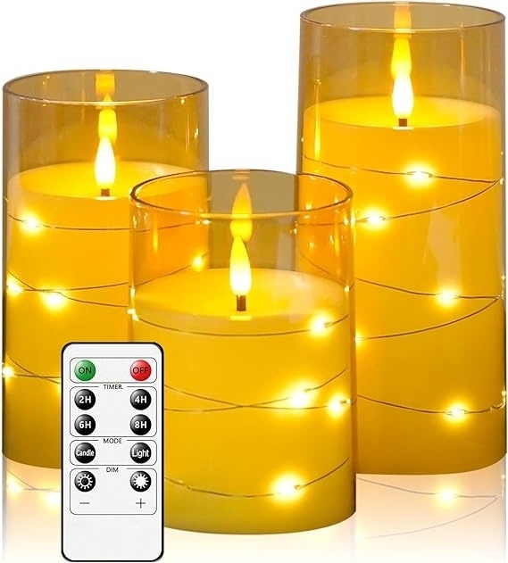 Home Decor Gold Acrylic set of 3 3d real flame remote control  led plastic flameless candle with embedded star string light