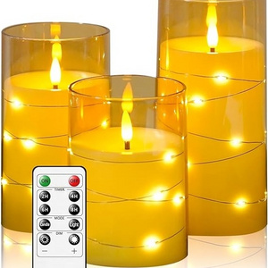 Home Decor Gold Acrylic set of 3 3d real flame remote control  led plastic flameless candle with embedded star string light