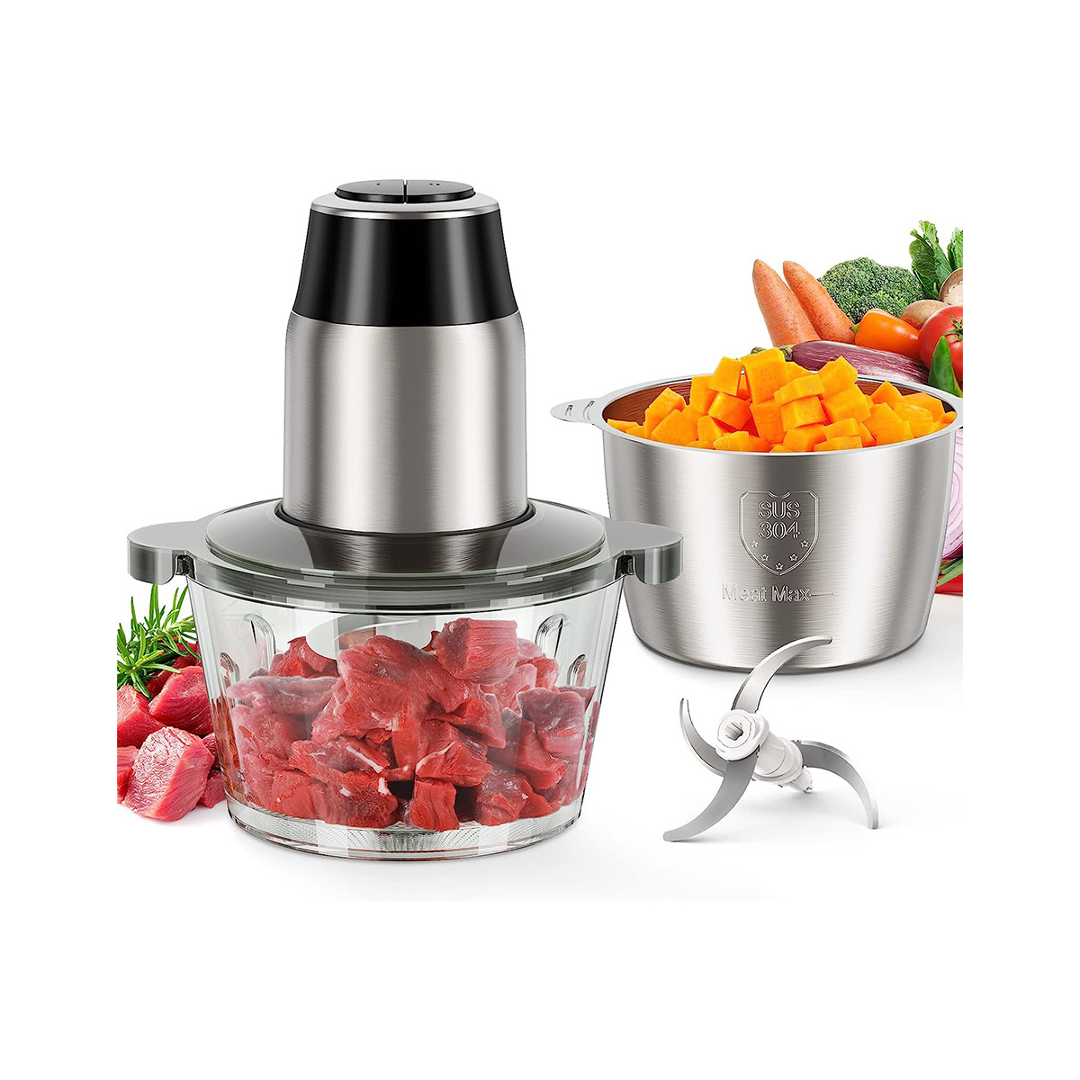 Food Processors, Electric Chopper with Meat Grinder & Veggie Chopper - 2 Bowls(8Cup+8 Cup)with Powerful 450W CopperMotor