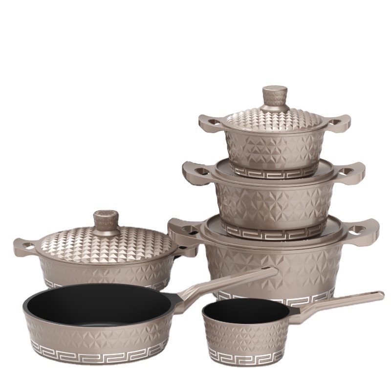 new design triangle diamond shape pots and pans die cast nonstick   kitchen wear cookware set