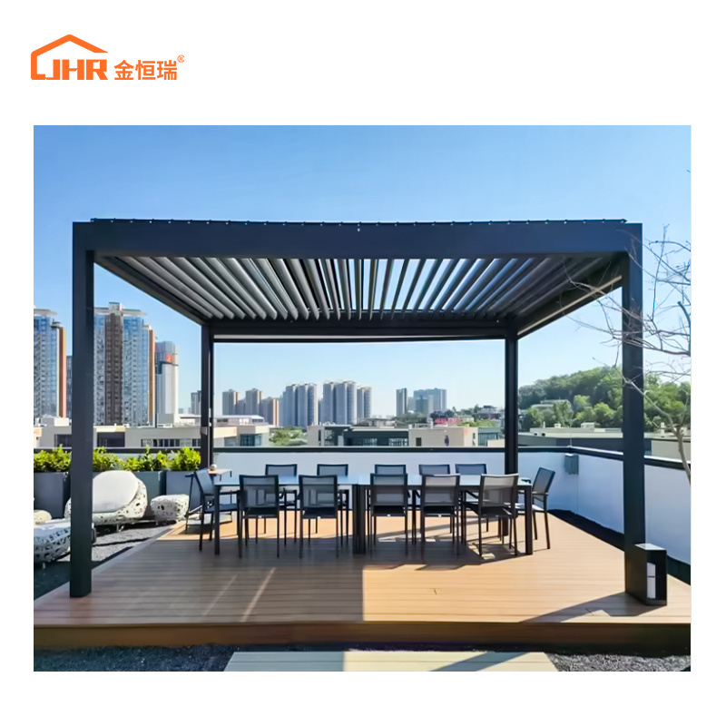 JHR Modern aluminum retractable backyard patio awning automatic motorized louver outdoor pergola with wall cover