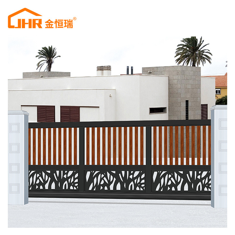 JHR Horizontal Privacy Aluminum Art Courtyard Custom Gate Design Automatic Slide Gate Opener Motor Automatic Sliding Door