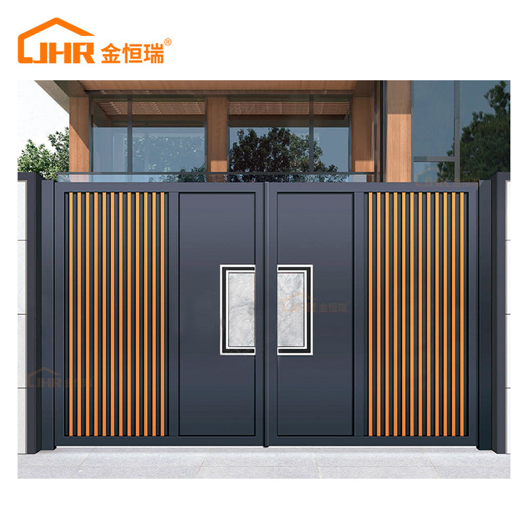 JHR Driveway Swing Gates Automatic Main Gate Design Powder Coated Double Swing Aluminum Gate Design Metal  for Houses Modern