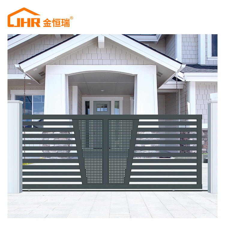 JHR Horizontal Privacy Aluminum Art Courtyard Custom Gate Design Automatic Slide Gate Opener Motor Automatic Sliding Door