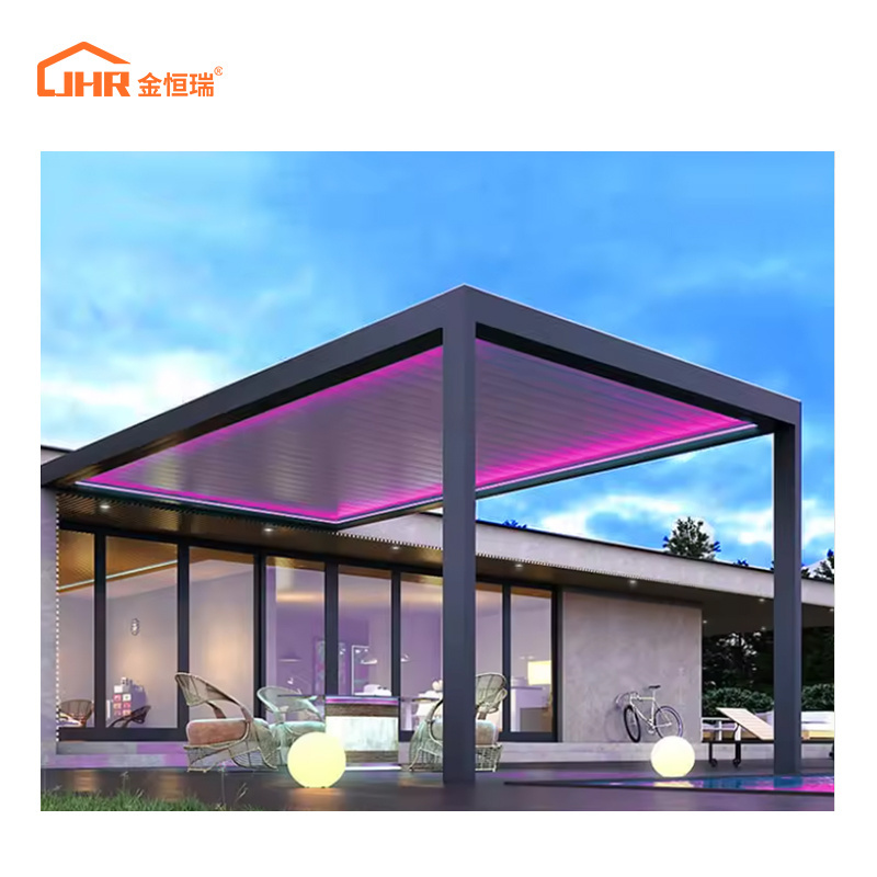 JHR Modern aluminum retractable backyard patio awning automatic motorized louver outdoor pergola with wall cover