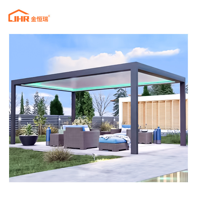 JHR Modern aluminum retractable backyard patio awning automatic motorized louver outdoor pergola with wall cover