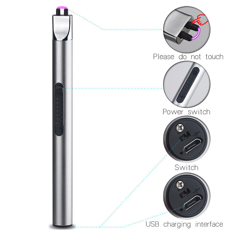 Long Mini Metal Windproof USB Charging Lighters Flameless Pulse Single Arc Lighter