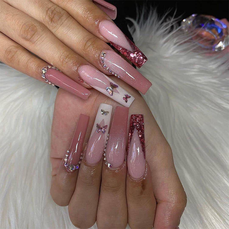 Sanlong French Press on Nails Glossy Glue on Nails Medium coffin Square Purple Acrylic Squoval FakeNails