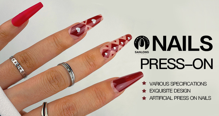 Sanlong Low MOQ Press on Nails Medium Coffin Fake Nails Black French Tip Ballerina Acrylic Nails Rhinestones Designs