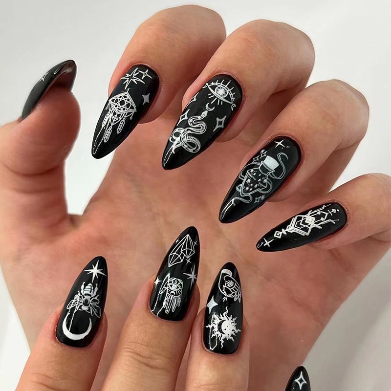 Sanlong Low MOQ Press on Nails Medium Coffin Fake Nails Black French Tip Ballerina Acrylic Nails Rhinestones Designs