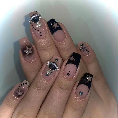 Sanlong Low MOQ Press on Nails Medium Coffin Fake Nails Black French Tip Ballerina Acrylic Nails Rhinestones Designs