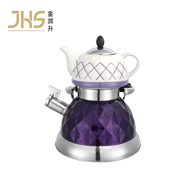 JHS double-deck turkish tea kettle samovar small ceramic tea kettle stainless steel whistling kettle with filter