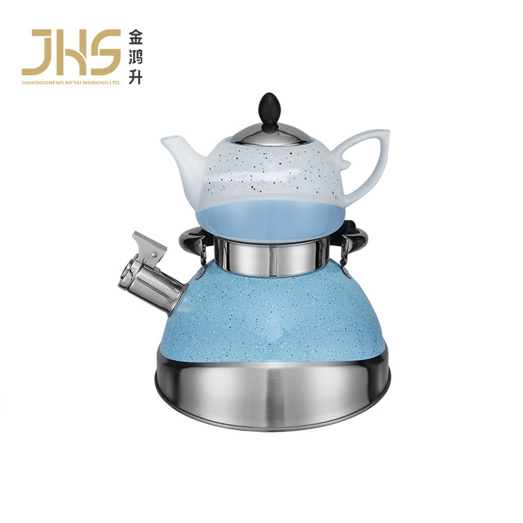 JHS double-deck turkish tea kettle samovar small ceramic tea kettle stainless steel whistling kettle with filter