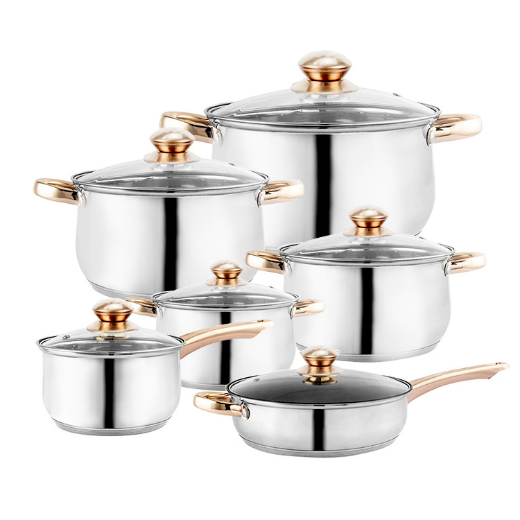 Verified 12pcs gold cookware kitchenware 12 pieces italian korkmaz stainless steel cooking pot cookware sets casserole saucepan