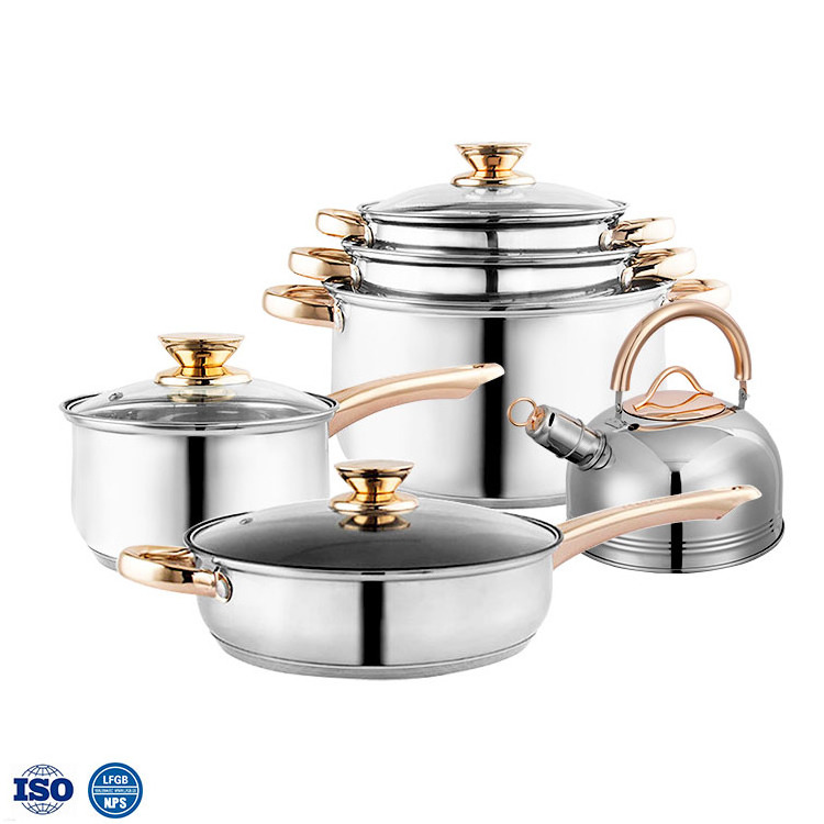 Verified 12pcs gold cookware kitchenware 12 pieces italian korkmaz stainless steel cooking pot cookware sets casserole saucepan