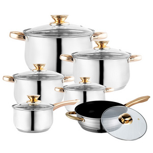 Verified 12pcs gold cookware kitchenware 12 pieces italian korkmaz stainless steel cooking pot cookware sets casserole saucepan