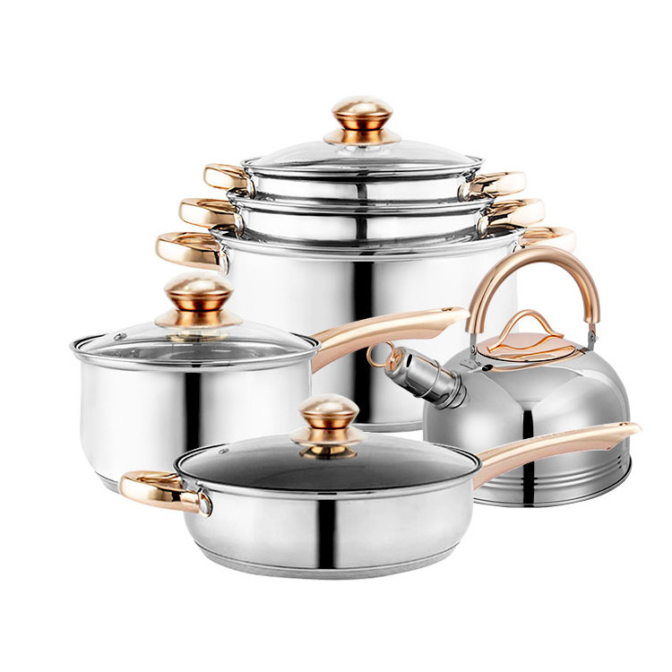 Verified 12pcs gold cookware kitchenware 12 pieces italian korkmaz stainless steel cooking pot cookware sets casserole saucepan