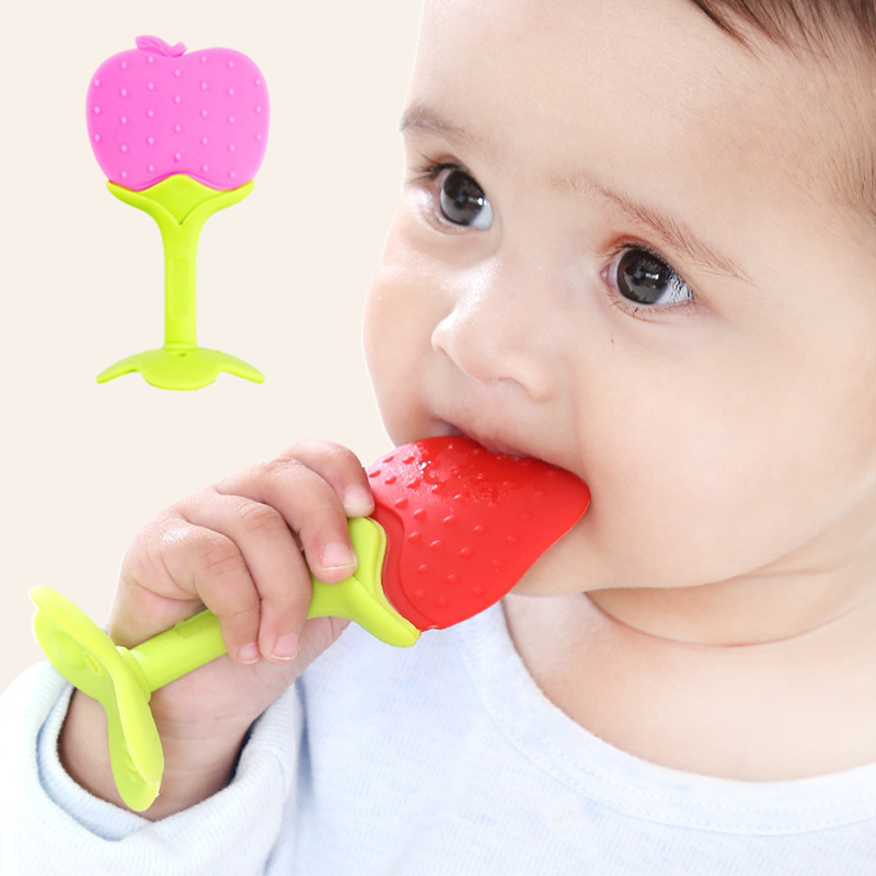 Wholesale Lovely Fruit Shaped Tooth Glue Newborn Two-color Stereo Tooth Glue Molar Stick With Box Silicone Baby Fruit Teether