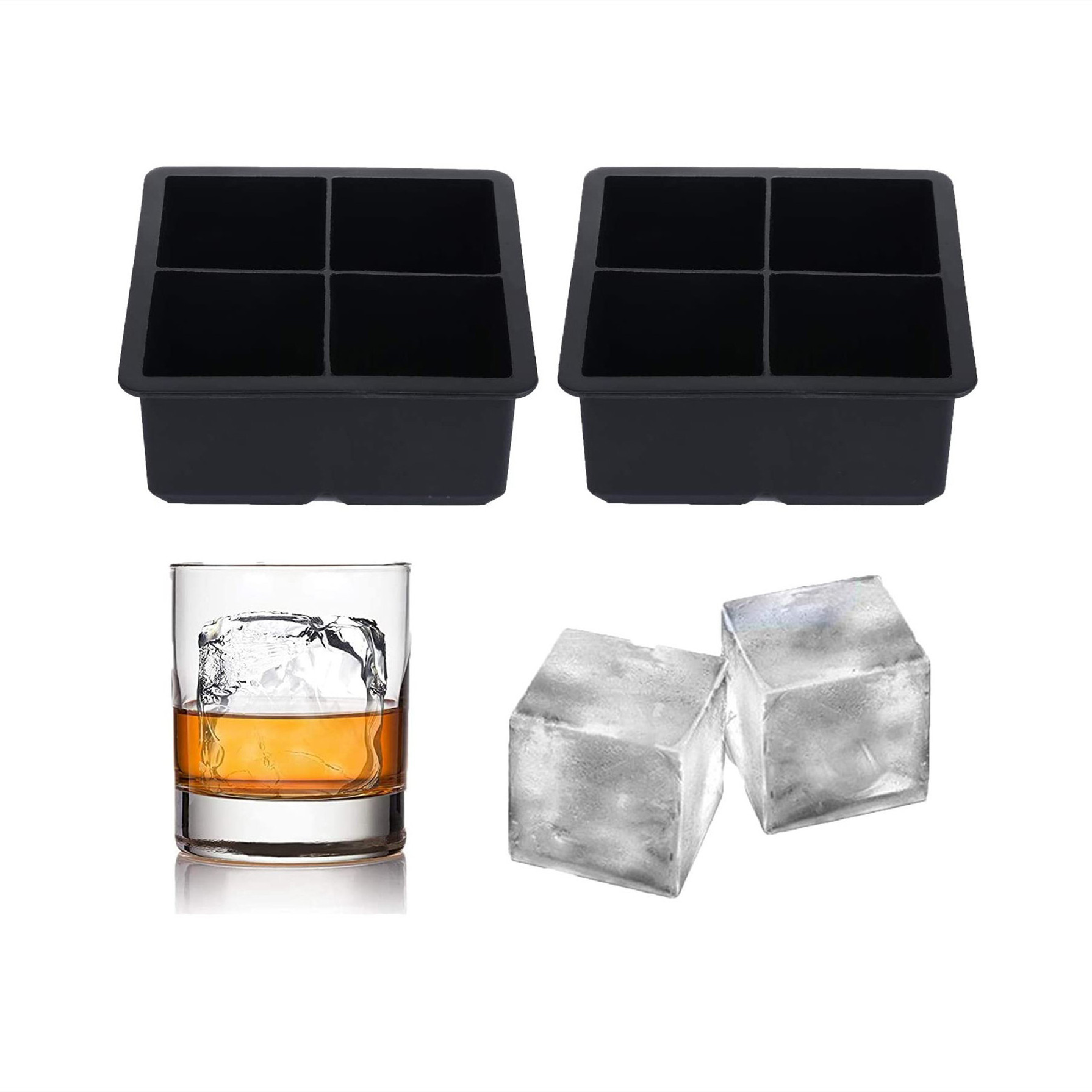 Reusable & BPA Free Silicone Whiskey Ice Cube Molds with Lids Large Square Ice Cube Trays  4/6/8 Grid Big Ice Cube Maker