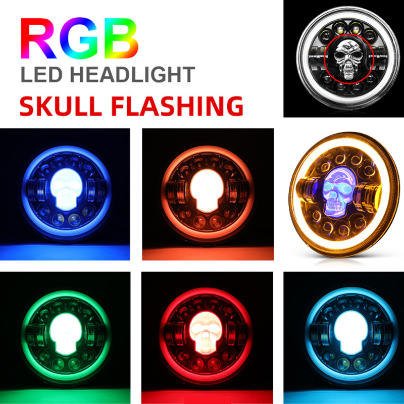 7inch Led Headlight for Jeeps Wranglers 65W Skull Waterproof 12V 30V High Low Beam Headlamp