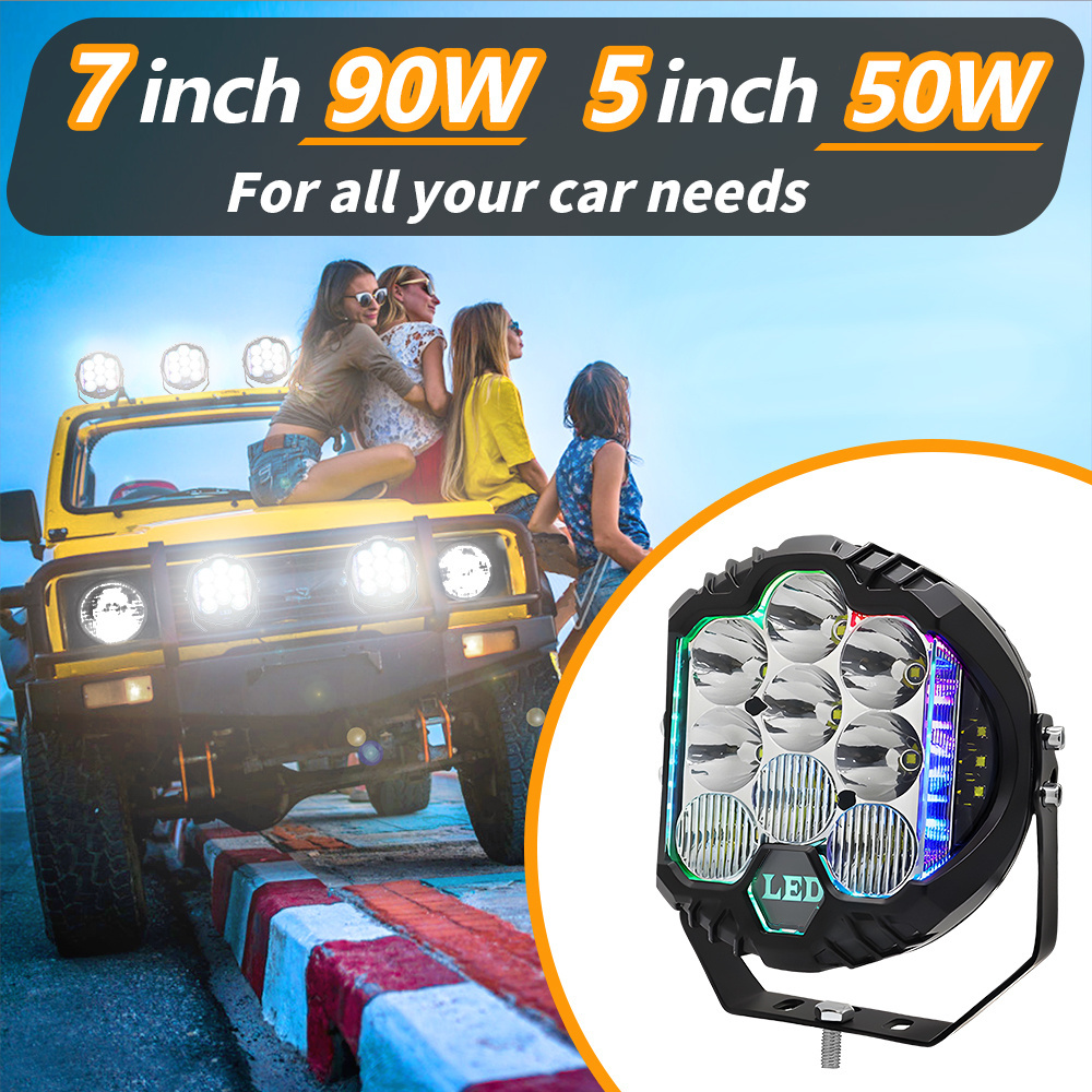 Wholesale 7inch Three Sides Light Led Work Light RGB DRL For Jeep Wrangler Light Off-road vehicle Headlight 90W led fog lamp