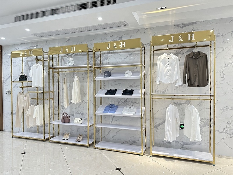 Clothes Shop Customized LOGO Garment Rack Stand Shelf Golden Clothing Rack Display Racks For Clothing Store