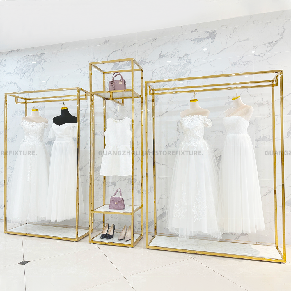 Retail Women Clothing Shop Furniture Metal Display Stand Boutique Shop Fitting Gold Long Gown Bridal Display Rack