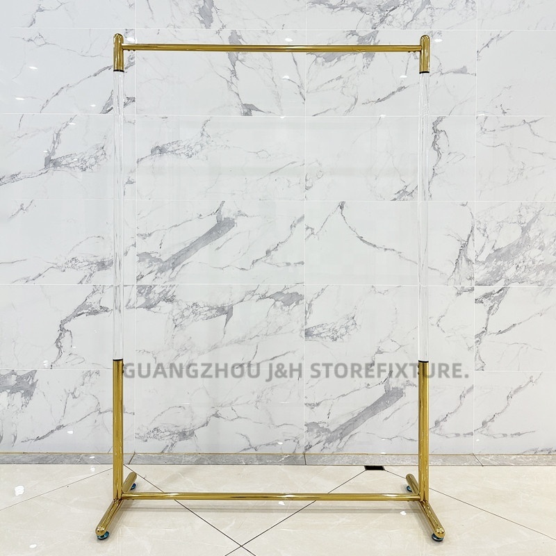 High End Golden Floor Stand Display Single Bar Clothes Hanger Stand Stainless Steel Acrylic Clothing Rack For Retail Shop