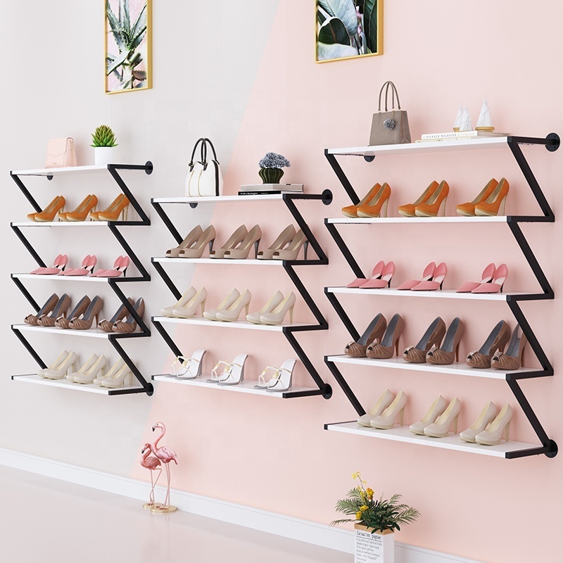 Customized Bag Display Furniture Shoe Shelf Stand Display Gold Wall Mounted Shoe Rack For Retail Shop