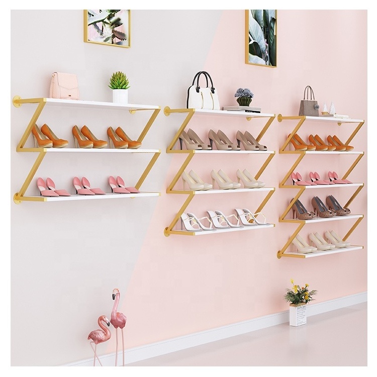 Customized Bag Display Furniture Shoe Shelf Stand Display Gold Wall Mounted Shoe Rack For Retail Shop