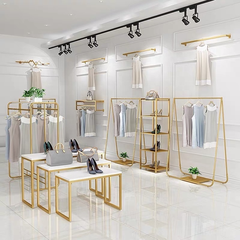 Boutique Gold Clothing Wall Rack Nesting Table Clothes Shelving Garment Display Rack Clothing Store Furniture